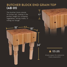 Load image into Gallery viewer, John Boos AB Block Butcher Block Table – 10&quot; Thick, 34&quot; Tall, End Grain Maple in Multiple Sizes &amp; Finishes